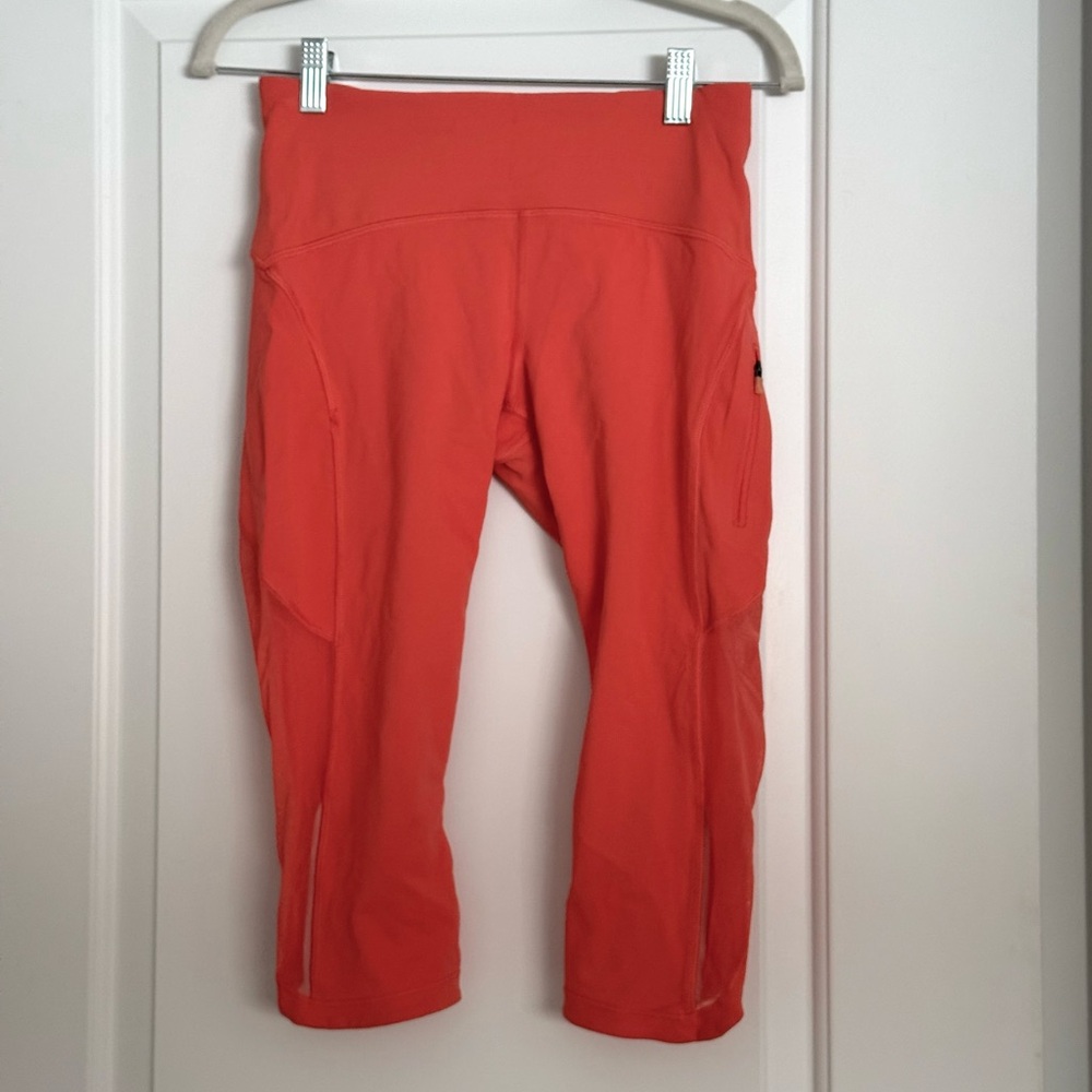 Lululemon Coral Orange Capris Leggings Side Zipper Pocket Mesh